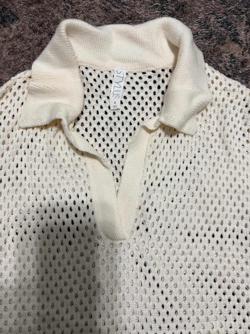 STYLUS Cream Open-Weave Knit Polo Top - Picture 2 of 3